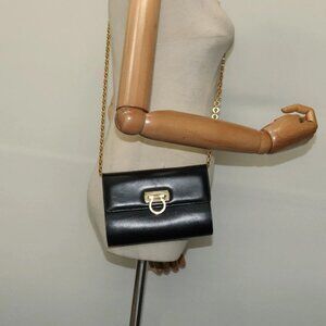 Salvatore Ferragamo Gancini Chain Shoulder Bag Leather Black Gold Auth hk2926